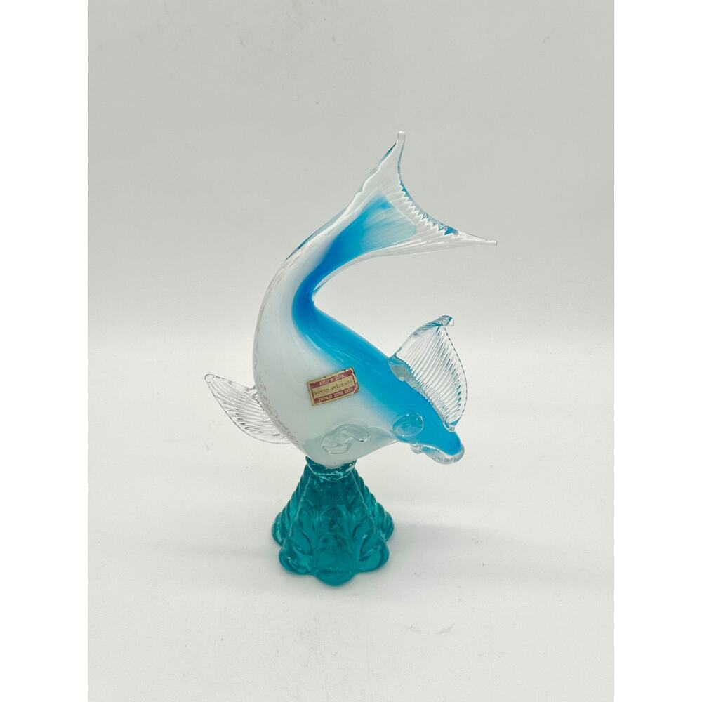 Fish Venetian Hand Blown Blue & White Glass w Gold Flecks; Sticker 12.5"H x 7"W